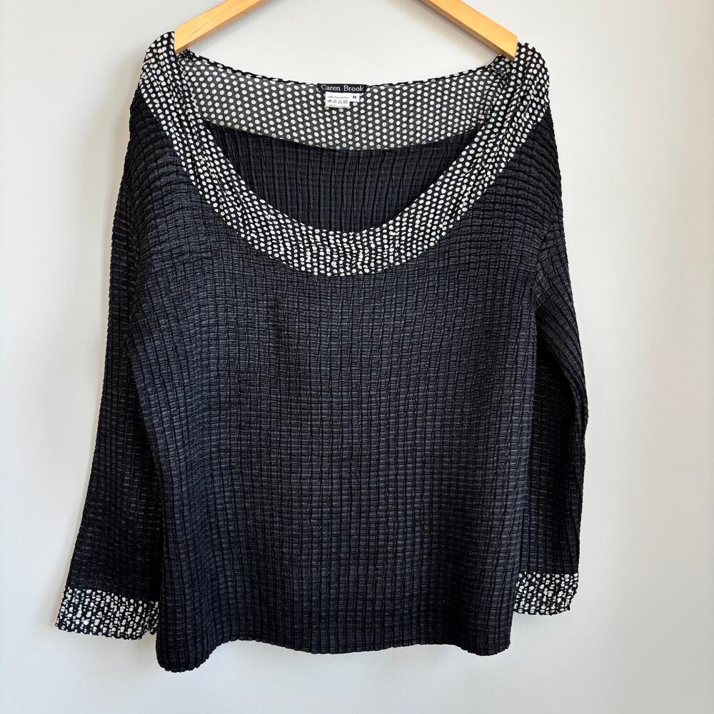 VTG Caren Brook Black Popcorn Texture Top Long Sleeve Polka Dot Wide Neck Size M
